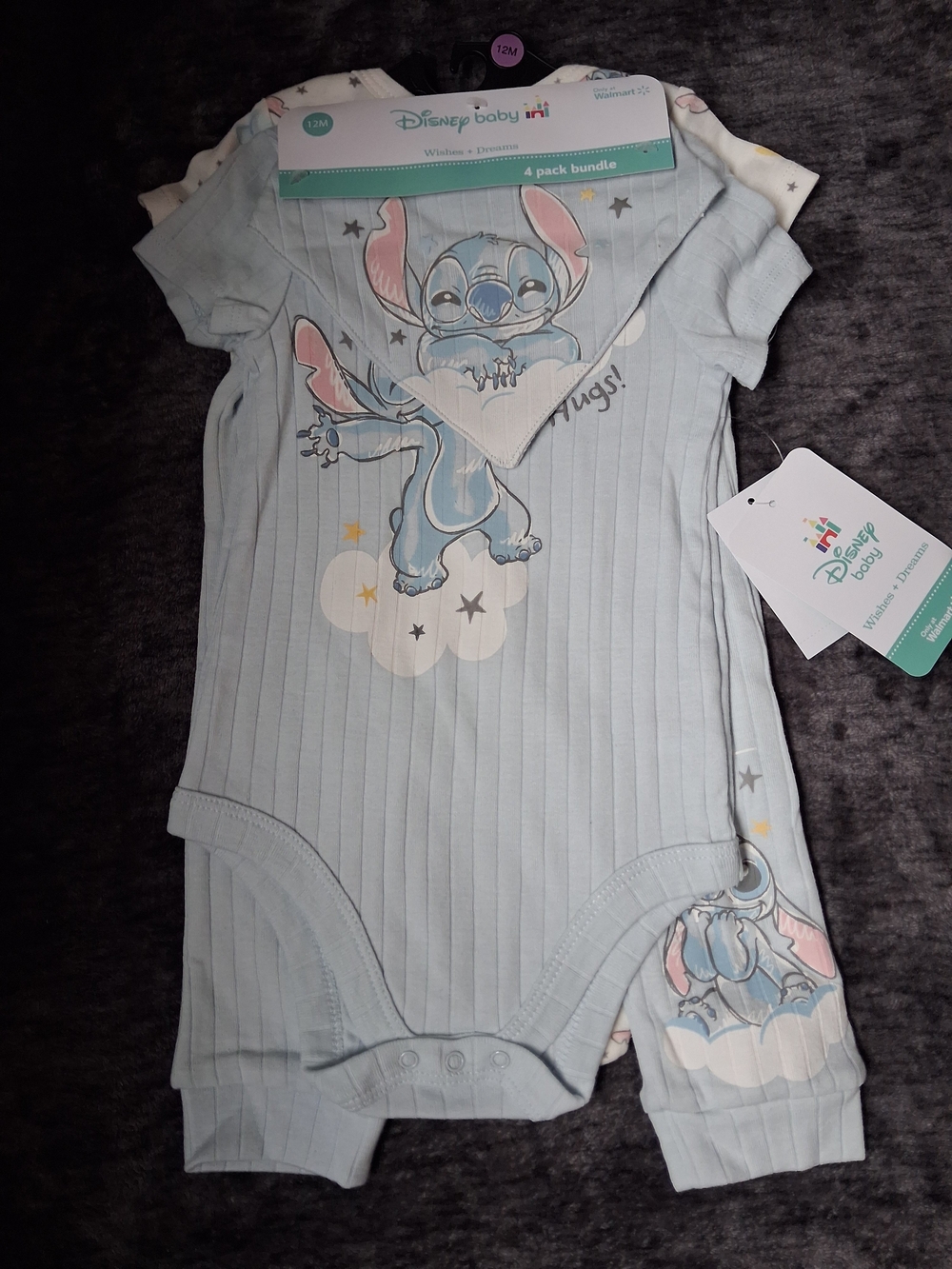 NWT Disney Baby Lilo & Stitch 4pc Outfit Set 2 Bodysuits/Pants/Bib 12month Blue
